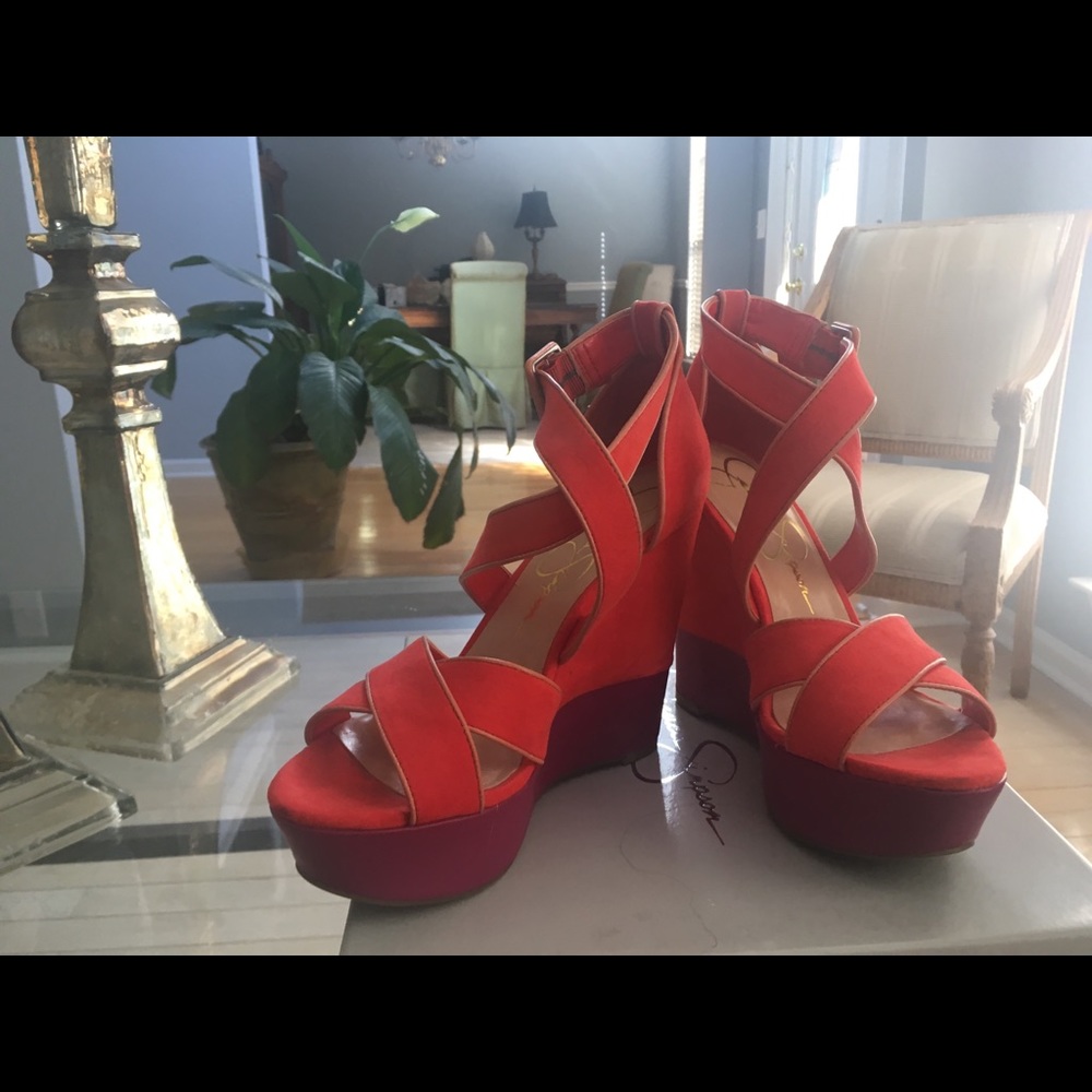 Jessica Simpson Tomato red/ micro suede wedge.